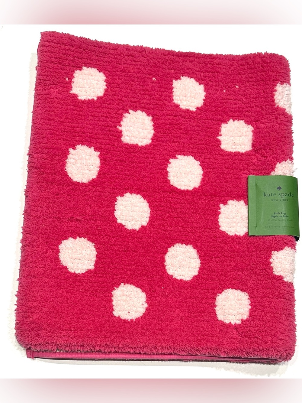 NEW, Kate Spade New York Hot Pink Plush Polka Dots Bath Rug 20x32 Bath Mat - Picture 7 of 8